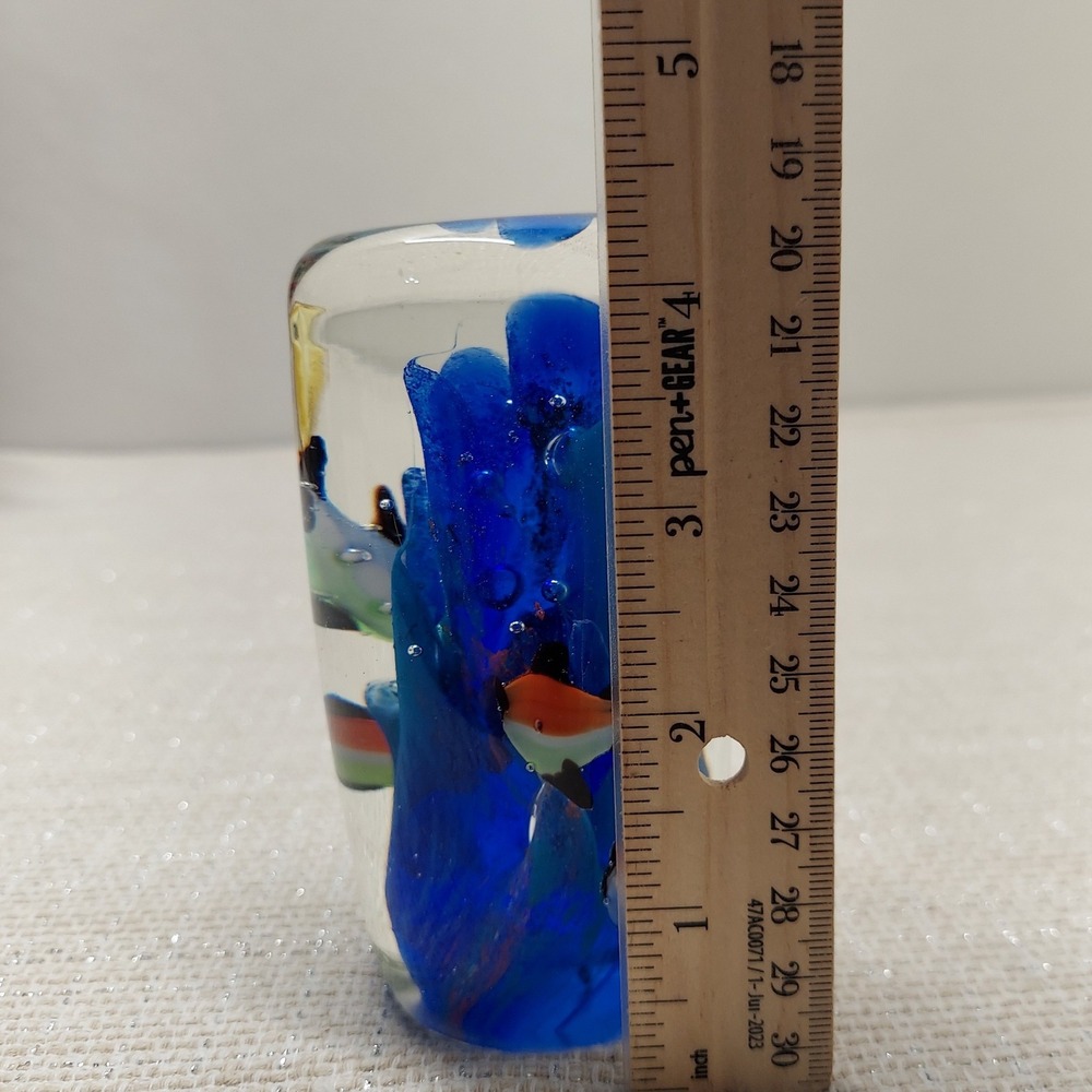 Art Glass Paperweight Tropical Fish Blue Coral Underwater Scene Cylinder 4.5" - Picture 11 of 12